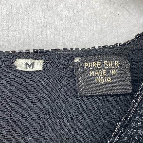 SEQUINED Blouse M Silk Crepe Fully Beaded Heavy Embellished V-Neck Vintage Black - Picture 4 of 11